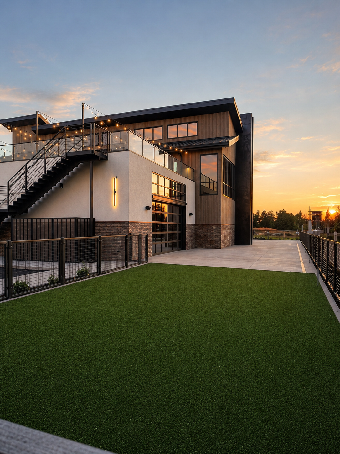 Kali Collective building front elevation with rooftop terrace at sunset